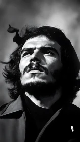 High-contrast monochrome portrait isolates upward-gazing male face