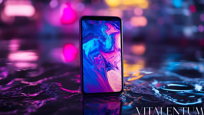 Neon night smartphone glowing over colorful city puddles.