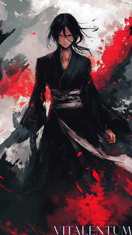 Dark-robed warrior amid crimson storm of abstract fury.