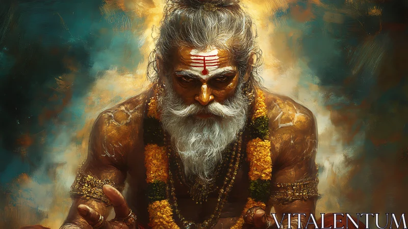 Mystic Hindu sage in intense frontal portrait, garlanded, meditative