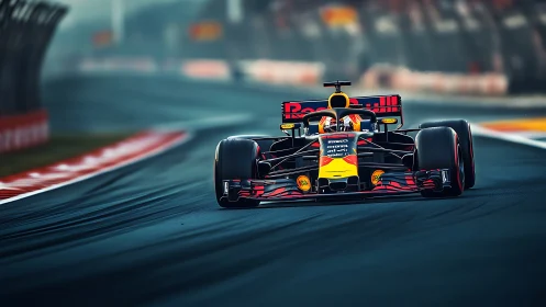 Scarlet speed machine hunts apex on sunlit race circuit.