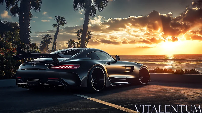 Sunlit performance coupe overlooking dramatic ocean sunset.