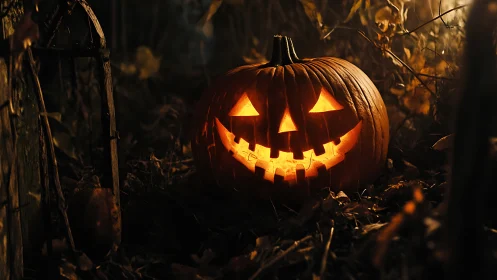 Illuminated carved pumpkin in dark outdoor foliage at night.