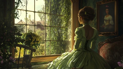 Woman in historical dress sits at window overlooking garden