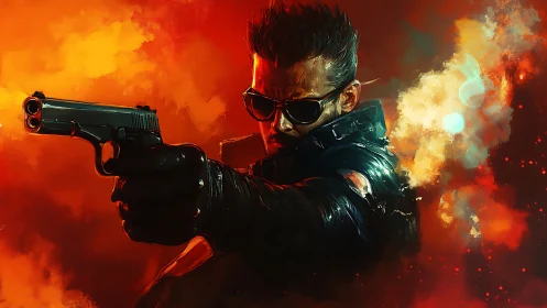 Gunmetal glare in scarlet smoke, lone antihero unleashed.