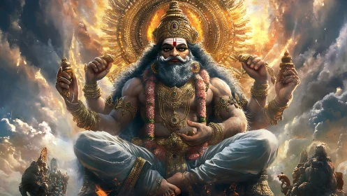 Thundercloud sage god seated in blazing celestial bloom.