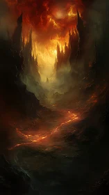 Infernal canyon glows with molten river beneath storm