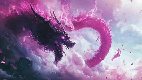 Celestial storm dragon coils through neon sakura clouds.