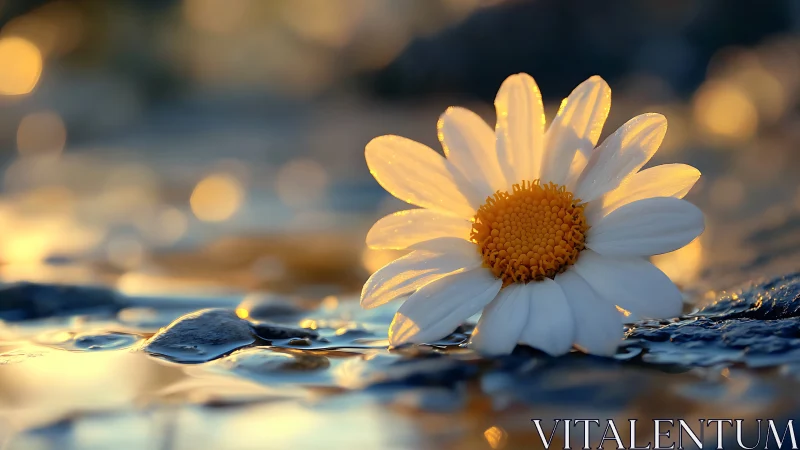 Daisy Flower on Wet Surface at Golden Hour.