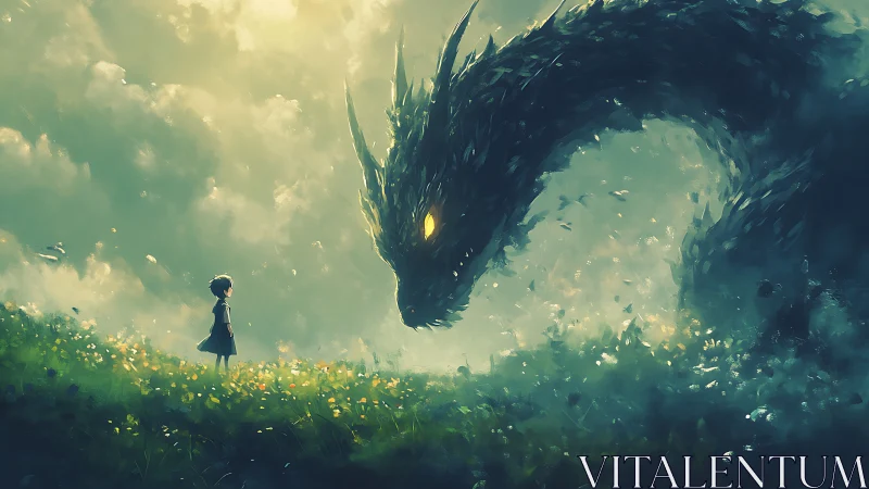 Child meets storm-eyed dragon on a trembling field of light
