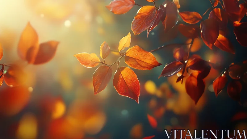 Autumn leaves glow in dreamy, golden backlight at dusk.