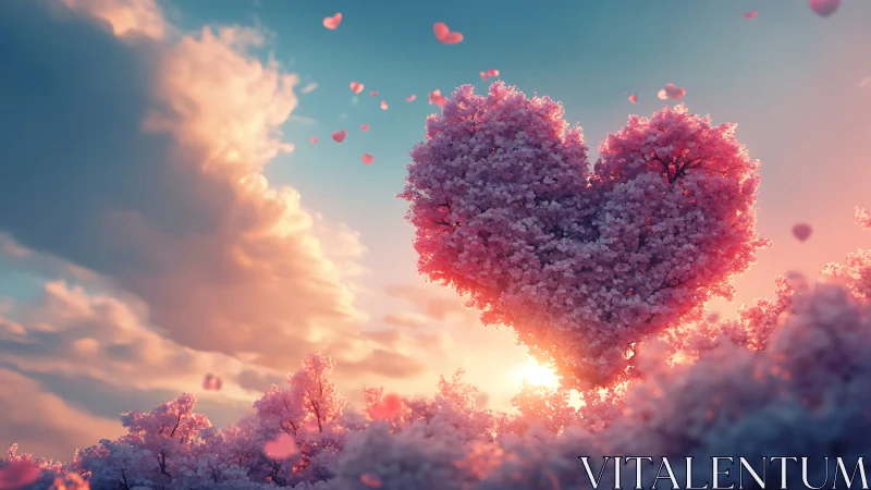 Heart-shaped tree formation floats in pink cloud sunset