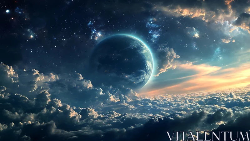 Planetary horizon above volumetric nebular cloudscape field.