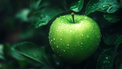 Green apple hangs in dark foliage with fresh water droplets