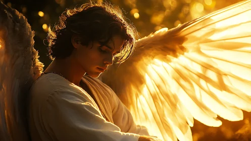 Winged human figure in warm backlit outdoor setting.