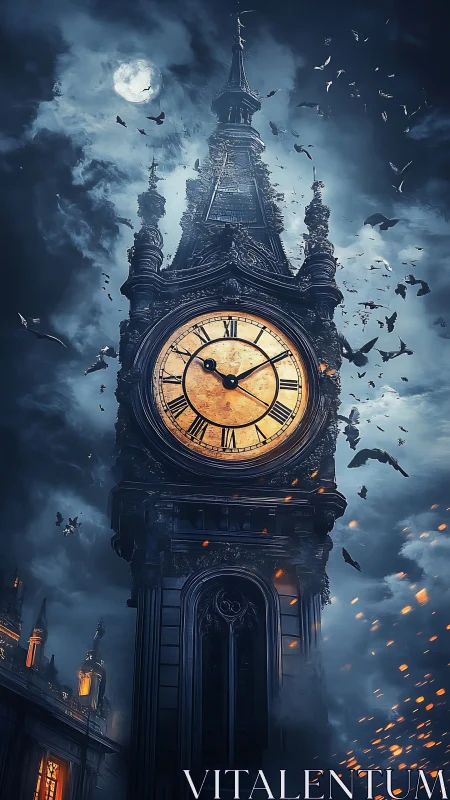Gothic clock tower under stormlit moon with swirling crows