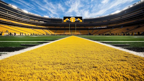 Low-angle NFL end zone turf view emphasizes vanishing point symmetry