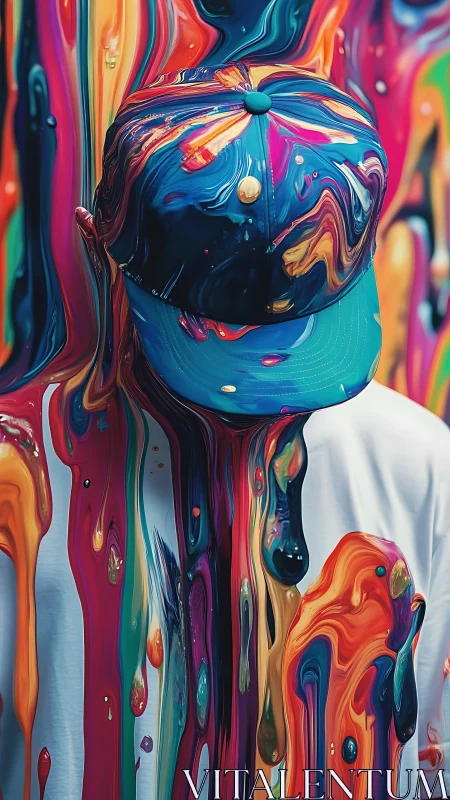 Human figure in cap obscured by dense multicolored paint drips