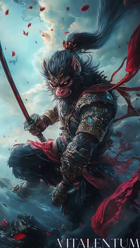 Storm-swept monkey warrior poised with flaming blade.