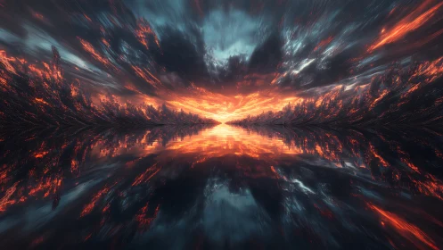 Molten Horizon Corridor mirrored in stormlit cosmic river.