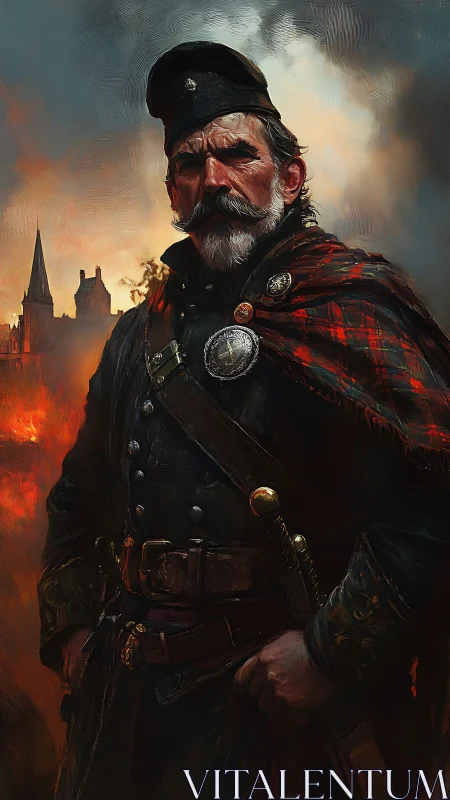 Stoic Scottish warrior in tartan amid glowing twilight.