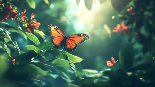 Monarch butterfly hovers over sunlit garden foliage