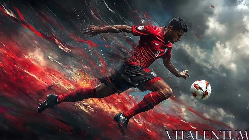 Dynamic soccer striker charges forward through fiery motion.