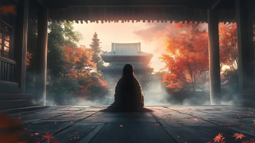 Person sits in temple hall facing misty autumn garden