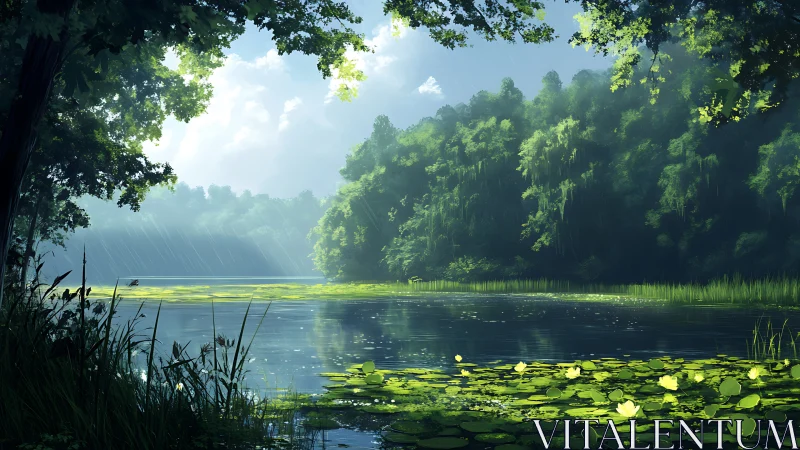 Sunlit forest lake with rain-lit atmosphere in digital painting