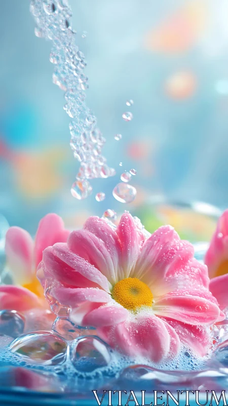 Soft pink daisies sparkling in playful splashes of water.