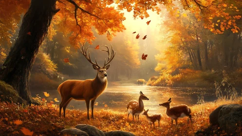 Deer family standing by sunlit autumn forest river scene.