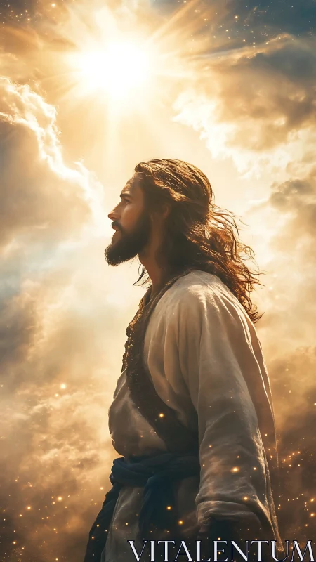 Serene robed figure walking in golden, heavenly sunlight.