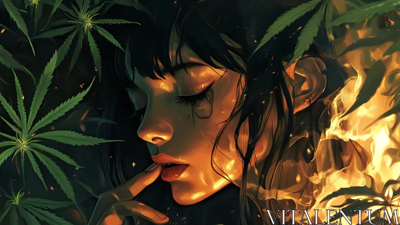Fiery cannabis muse rendered in cinematic digital chiaroscuro.