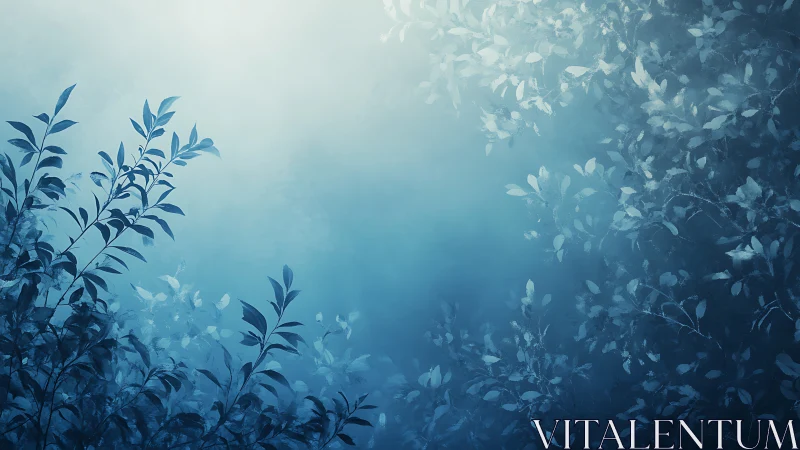 Blue foliage silhouettes dissolve into soft atmospheric glow.