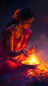 Diya light bathes a woman in radiant festive glow.
