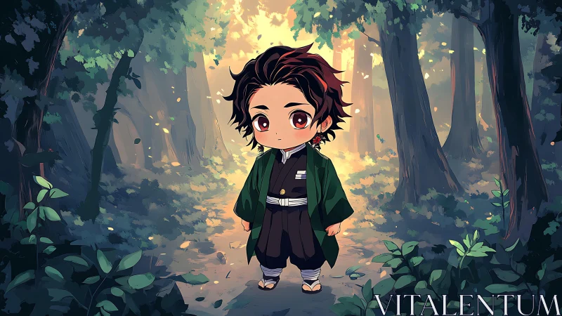 Chibi style child character standing in sunlit forest path.
