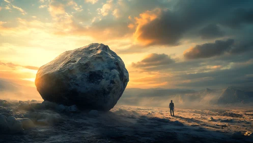 Digital painting of lone figure beside monolithic boulder at dusk.