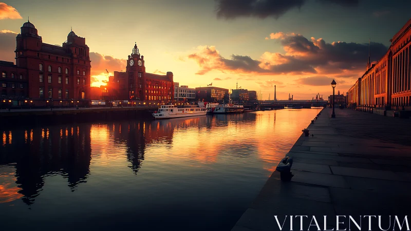 Sunset over riverside city docks with boats and reflections.