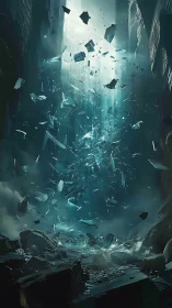 Vertical chasm shattering with suspended crystalline debris poised.