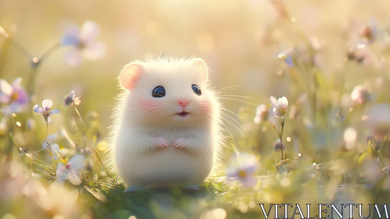 Small light-furred rodent rendered in soft outdoor scene.