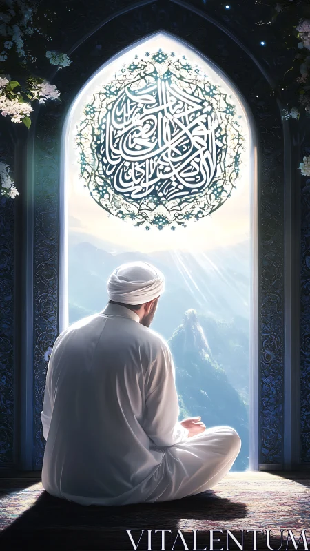 Solitary worshipper contemplates mountain vista under calligraphy