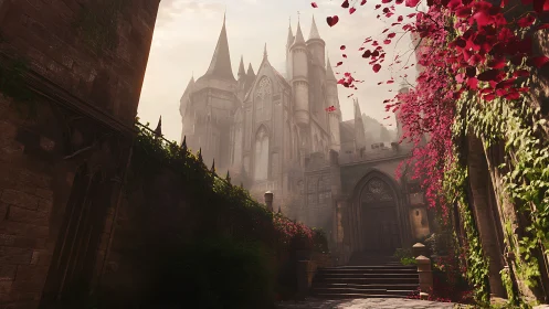 Gothic stone castle courtyard under warm cinematic dusk light.