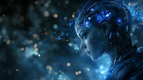 Starlit cybernetic mind gazes calmly into the blue unknown