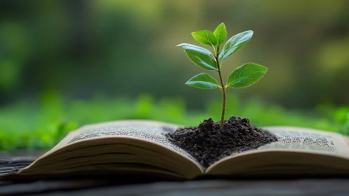 Young plant sprouting from open book, symbolic and natural style.