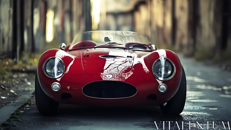 Low-angle frontal view of red vintage racing roadster in alley