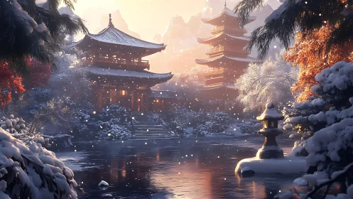 Snowy Japanese temple garden glows in soft golden twilight