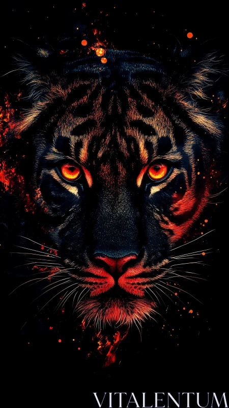 High-contrast neon tiger portrait with emissive eyes and embers