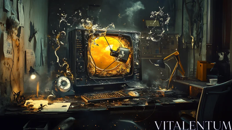Exploding retro monitor in chaotic cyberpunk workspace.