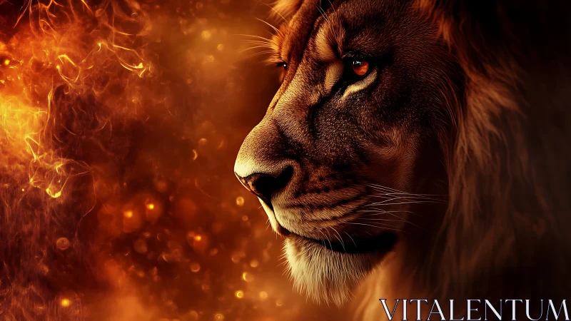 Lion profile in molten ember glow, intense digital portrait.