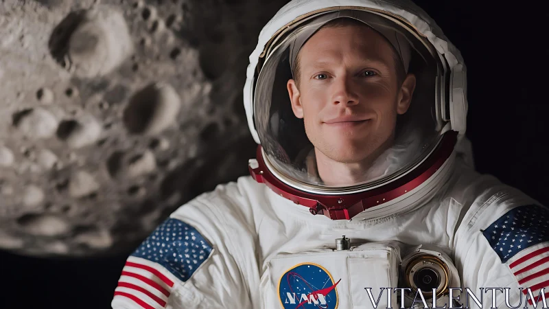 Smiling astronaut posed in NASA suit before cratered moon.